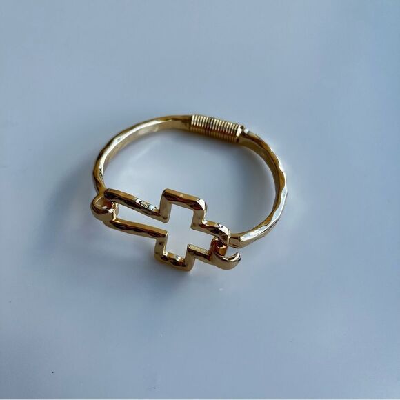 Geometric Gold Color Cross Shaped Open Cuff Bracelet - Picture 6 of 10